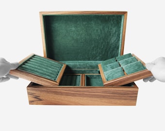 Natural Wood Jewelry Box | Big Storage Organizer | Green Velvet Dividers | Unique Gift Holder | Personalized Anniversary Gift