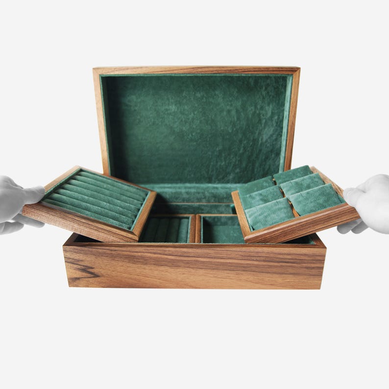 Big storage box	premium storage box	natural organiz box	wedding anniversary	unique jewellery box	holder unique gift	storage organizer	green dividers	wonderful nut box	anniversary gift	wooden jewelry box	jewellery tidy	velvet jewelry box