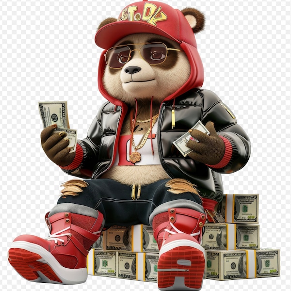 Graffiti Hip Hop Panda holding money Set of 10 PNG Gorilla Cheetah Cartoon Teddy Bear Digital Commercial Use Supplies for  Shirt and mug