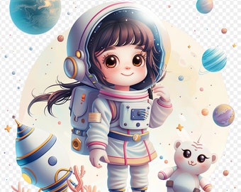 Astronaut Girl Clipart Set, Space Nursery PNG (Digital Download)
