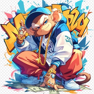 May include: A cartoon monkey wearing a blue and white jacket, a gold chain, and a blue baseball cap. The monkey is sitting on a pile of money with a hand on a stack of bills. The background is a colorful graffiti design with the word "Moneya" written in yellow.