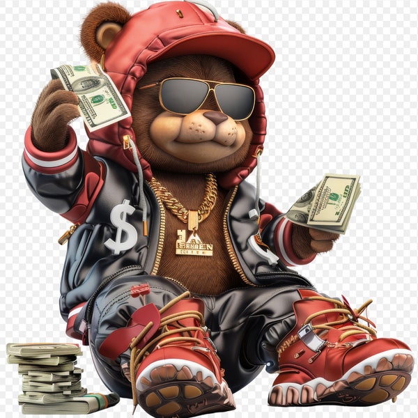 Graffiti Hip Hop Teddy Bear Set of 10 PNG Teddy Bear Cartoon Teddy Bear holding money Digital Commercial Use Supplies for Shirt and mug