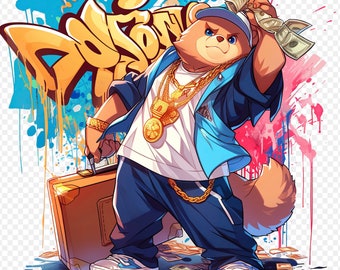 Hip Hop Teddy Bear PNG Clipart Set, Graffiti Design (Digital Download)