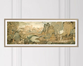 PRINTABLE View to the castle - Modern Japandi Tapestry - Panoramic - Digital Download for Convenient Customisable Instant Access