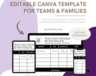 Peut inclure: Un modèle Canva modifiable pour les équipes et les familles, affiché sur un ordinateur portable, une tablette et un smartphone. Le design présente un calendrier de matchs d'équipe avec des champs pour l'adversaire, l'heure et le lieu.