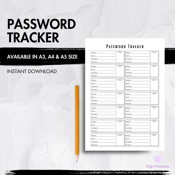 Digital Password Journal | Simple Email Tracker | Security Credentials Logbook | Login Manager | A3, A4 & A5 Printable PDF