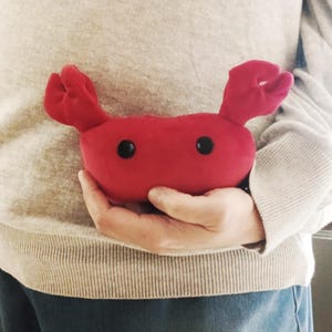 以下が含まれることがあります： 黒いボタンの目と2つの赤い爪のような付属肢が付いた、赤いぬいぐるみのかにのおもちゃ。カニは柔らかい素材で作られており、手に持って遊ぶように設計されています。