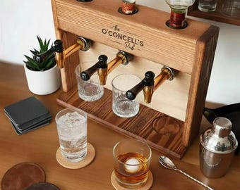 Custom Engraved Wood Liquor Dispenser with Whiskey Glasses, Personalized Housewarming Gift for Couples, Bourbon Decanter