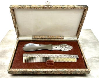 ヴィンテージ ポルトガル製 835スターリングシルバー製セット – 櫛と靴べら（オリジナルボックス付き）（1900年頃）