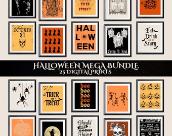 May include: A set of 25 digital printable Halloween themed images. The images feature various Halloween icons, such as pumpkins, ghosts, bats, spiders, and skulls. The images are in a variety of colors, including orange, black, white, and gray. The images are perfect for decorating your home for Halloween.