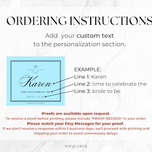 Pu&ograve; includere: Un grafico di istruzioni con il titolo ORDERING INSTRUCTIONS. Mostra un'etichetta rettangolare azzurra con un'icona ad anello e del testo. Un esempio mostra Line 1: Karen, Line 2: time to celebrate the e Line 3: bride to be.