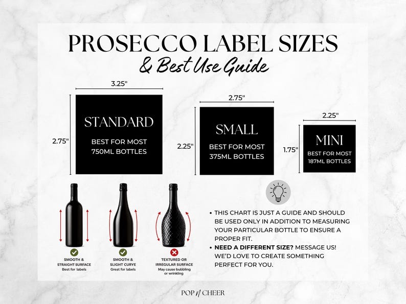 Pu&ograve; includere: Una guida alle dimensioni delle etichette per Prosecco con tre quadrati neri: Standard 8,25 x 6,98 cm, Piccolo 6,98 x 5,71 cm e Mini 5,71 x 4,44 cm. Include illustrazioni di bottiglie e testo sull'adattamento delle etichette e misure.
