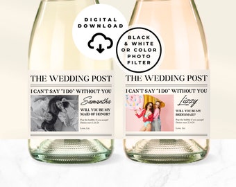 Digital Download Bridesmaid Proposal Champagne Label, Newspaper Bridesmaid Proposal, Custom Champagne Labels, Mini Champagne Bottle Labels
