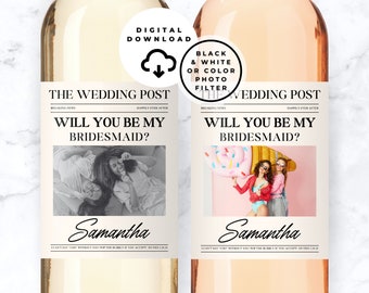 Digital Download Bridesmaid Proposal Wine Label, Newspaper Bridesmaid Proposal, Custom Wine Labels, Mini Wine Bottle Labels, Bridesmaid Wine