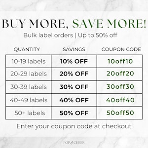 Pu&ograve; includere: Un grafico promozionale intitolato BUY MORE, SAVE MORE! che dettaglia gli sconti sugli ordini di etichette in grandi quantit&agrave;. Una tabella elenca quantit&agrave; da 10 a 50+ etichette, risparmi dal 10% al 50% e codici coupon da 10off10 a 50off50. Il testo recita Enter your coupon code at checkout.
