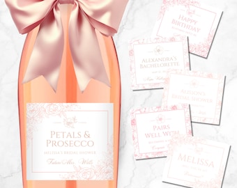Custom Floral Prosecco Label, Prosecco Bottle Labels, Petals and Prosecco, 21st Birthday Gift for Her, Champagne Labels, Pearls and Prosecco
