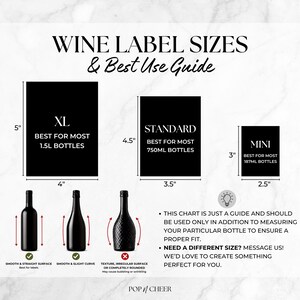 May include: A wine label size guide featuring three black rectangles labelled XL, STANDARD, and MINI with dimensions in inches. It includes illustrations of wine bottles with smooth or textured surfaces and text instructions for measuring bottles.