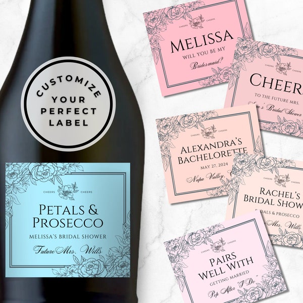 Custom Floral Prosecco Label, Prosecco Bottle Labels, Petals and Prosecco, 21st Birthday Gift for Her, Champagne Labels, Pearls and Prosecco