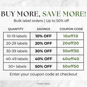 May include: A promotional graphic titled BUY MORE, SAVE MORE! detailing bulk label order discounts. A table lists quantities from 10 to 50+ labels, corresponding savings from 10% to 50% off, and coupon codes 10off10 through 50off50. The text reads Enter your coupon code at checkout.