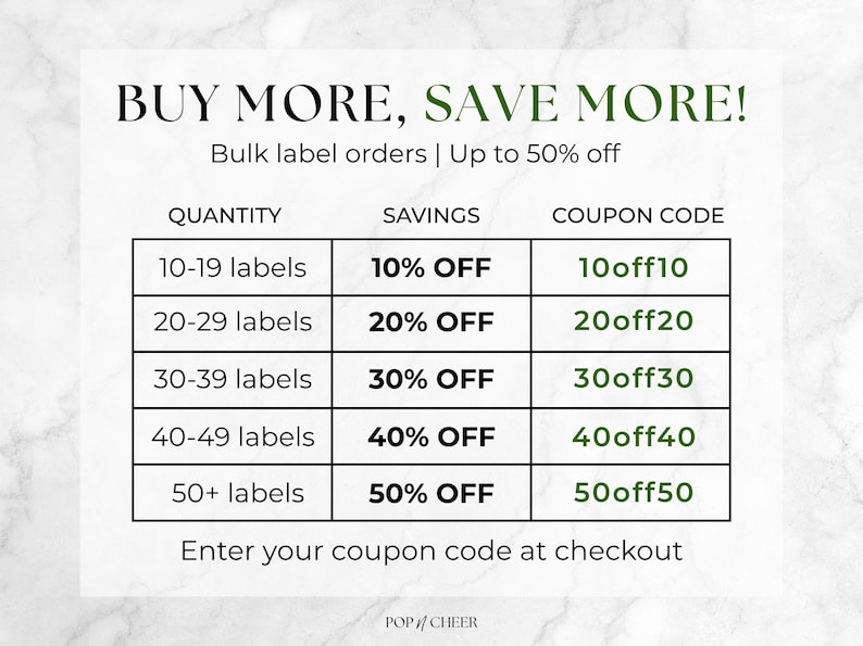 May include: A promotional graphic titled BUY MORE, SAVE MORE! detailing bulk label order discounts. A table lists quantities from 10 to 50+ labels, corresponding savings from 10% to 50% off, and coupon codes 10off10 through 50off50. The text reads Enter your coupon code at checkout.