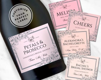 Custom Floral Prosecco Label, Prosecco Bottle Labels, Petals and Prosecco, pjs and Prosecco, Champagne Labels, Pearls and Prosecco