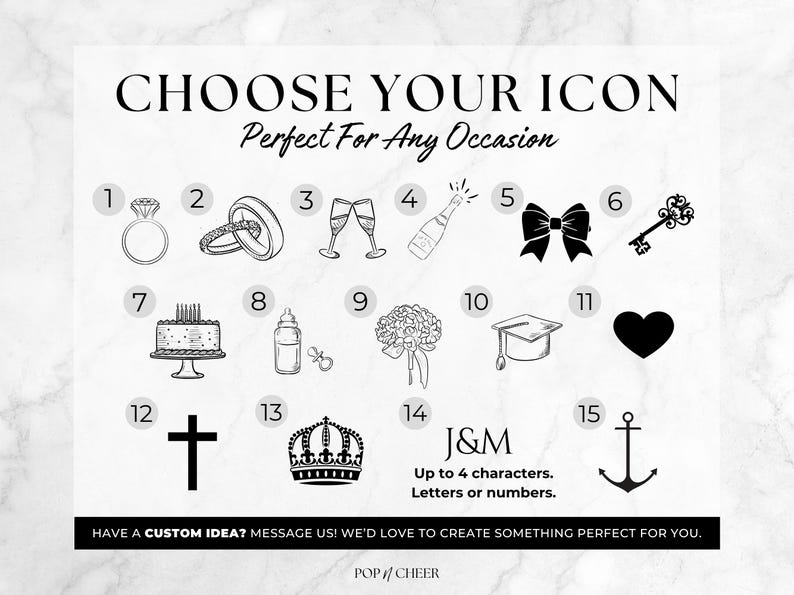 Pu&ograve; includere: Una tabella bianca intitolata CHOOSE YOUR ICON che presenta quindici icone grafiche nere numerate, tra cui un anello con diamante, fedi nuziali, fl&ucirc;te da champagne, una bottiglia, un fiocco, una chiave, una torta, un biberon, un bouquet, un tocco, un cuore, una croce, una corona, il testo J&M e un'ancora.