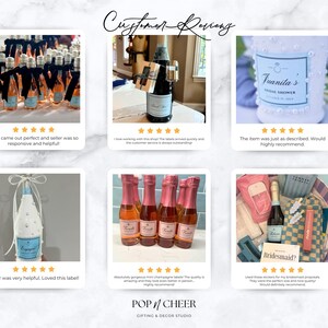 Pu&ograve; includere: Un collage di sei recensioni di clienti con mini bottiglie di champagne decorate con etichette personalizzate. Le bottiglie sono ornate con nastri neri o bianchi e perle. Ogni recensione include una valutazione a cinque stelle e commenti.