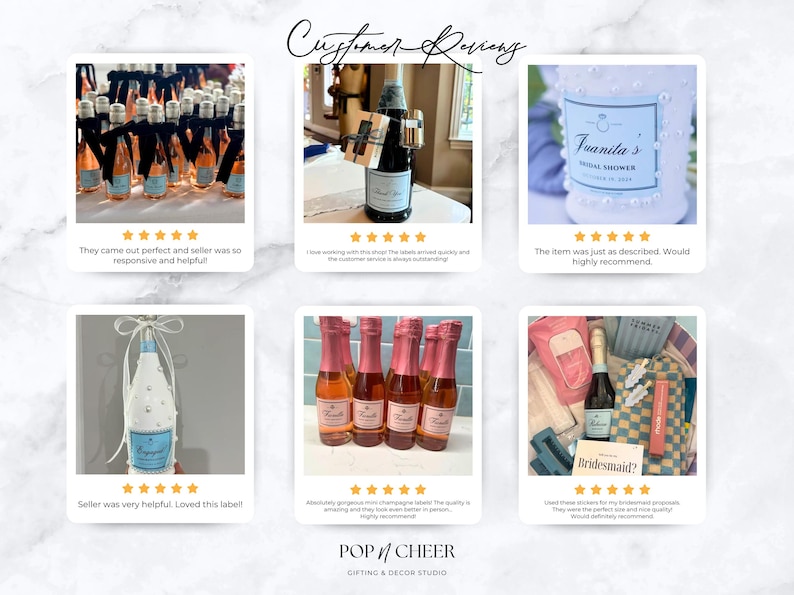 Pu&ograve; includere: Un collage di sei recensioni di clienti con mini bottiglie di champagne decorate con etichette personalizzate. Le bottiglie sono ornate con nastri neri o bianchi e perle. Ogni recensione include una valutazione a cinque stelle e commenti.