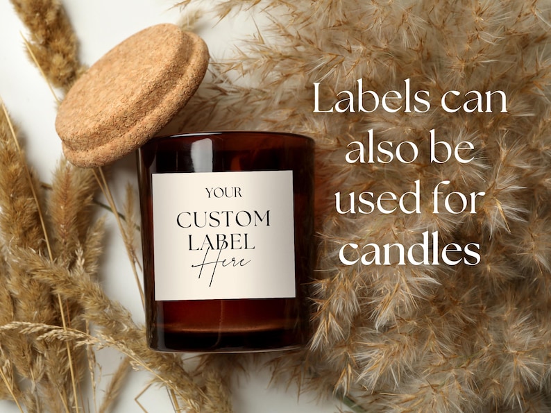 May include: A dark amber glass candle jar with a cork lid and a square white label featuring the black text YOUR CUSTOM LABEL Here. The text Labels can also be used for candles is printed in white on the right side of the image.