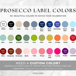 Pu&ograve; includere: Una tabella colori intitolata PROSECCO LABEL COLORS che presenta oltre 30 campioni di colore circolari con etichette che includono bianco, nero, lino, grigio, ardesia, blu navy, blu reale, pervinca, blu polvere, azzurro, menta, salvia, smeraldo, foresta, lime, oliva, oro, arancione, pesca, rosso, vino, bordeaux, terracotta, blush, tulipano, rosso, rosa acceso, fucsia, viola e lavanda.