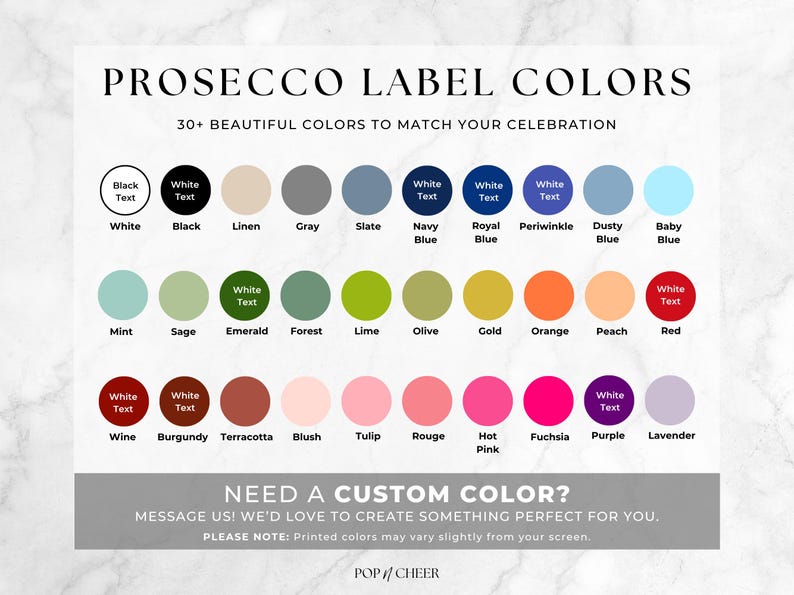 Pu&ograve; includere: Una tabella colori intitolata PROSECCO LABEL COLORS che presenta oltre 30 campioni di colore circolari con etichette che includono bianco, nero, lino, grigio, ardesia, blu navy, blu reale, pervinca, blu polvere, azzurro, menta, salvia, smeraldo, foresta, lime, oliva, oro, arancione, pesca, rosso, vino, bordeaux, terracotta, blush, tulipano, rosso, rosa acceso, fucsia, viola e lavanda.