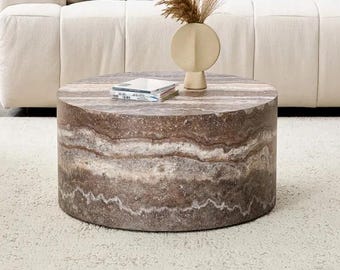 Round Cave Stone Coffee Table | Gray MDF Modern Accent Living Room Table