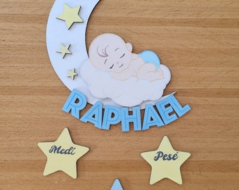 Typenschild für Baby- und Kinderzimmer mit Mond, Sternen, Engel. Türschild Holzschild Babyzimmer