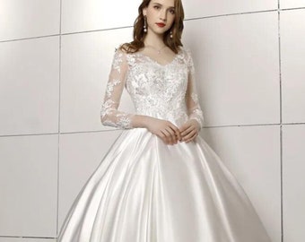 Ball Gown Custom Size Wedding Dress With Full Sleeves Court Train Bridal Lustrous Satin Lace Beading Lace Up Back Vintage Wedding Dresses