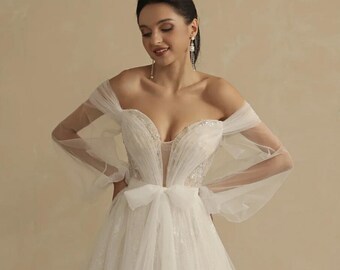 Lovely A-Line Lace Wedding Dress Off The Shoulder V-Neck Puffy Sleeves Pleat Wedding Dresses With Bow Radiant Taffeta Ivory Bridal