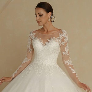 Wedding Dress Custom Size Embroidered Organza Tulle Lace Luxury Ivory Scoop Full Sleeves Chapel Train Vintage Dropped Lace Ball Bridal Gown