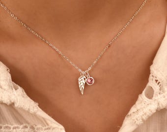 Angel Wing Birthstone Necklace, Memorial Necklace, Guardian Angel Necklace, Miscarriage Sentimental Gift for Her, Sympathy Baby Loss Jewelry