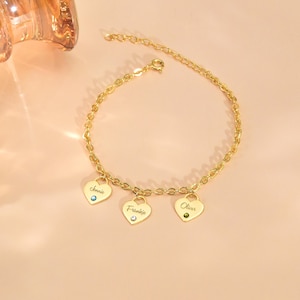 Birthstone Name Bracelet, Personalized Heart Bracelet with Name, Kids Name Family Jewelry, Engraved Birthstone Bracelet, Gift for Mom
