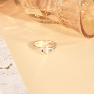 Gold Cross Ring with Birthstone, Dual Birthstone Ring, To My Daughter Pray On It, Dainty Cross Ring, Religious Gift, Birthday Gift from Mom
