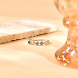 Personalized Sterling Silver Family Birthstone Ring - Stacking Design