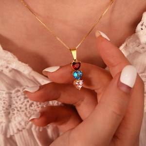 Multiple Heart Birthstone Necklace, Minimalist Heart Necklace, Birthstone Heart Pendant, Family Birthstone Necklace,Mothers Day Gift for Her