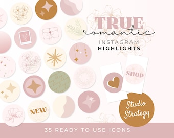 Op de afbeelding: Een set van 35 roze, beige en gouden Instagram-highlight-pictogrammen met bloemmotieven, sterren en geometrische ontwerpen. De pictogrammen zijn gelabeld met "Nieuw", "Winkel" en "Studiostrategie".