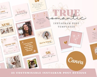 Op de afbeelding: Een verzameling van 35 aanpasbare Instagram-posttemplates met een romantisch thema. De templates bevatten bloemillustraties, harten en tekstoverlays. De tekst bevat zinnen zoals "True Romantic", "Love Yourself", "Thank You So Much" en "Get to Know Me". De templates zijn ontworpen om te worden gebruikt met de Canva-app.