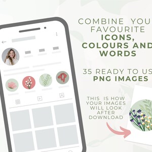 Op de afbeelding: Een mockup van een Instagram-feed met 35 kant-en-klare PNG-afbeeldingen voor het maken van social media-graphics. De afbeeldingen tonen bloem- en botanische ontwerpen in verschillende kleuren. De tekst op de afbeelding luidt "Combineer je favoriete pictogrammen, kleuren en woorden. 35 kant-en-klare PNG-afbeeldingen. Zo zien je afbeeldingen eruit na het downloaden."