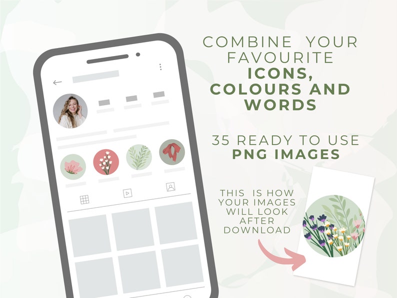 Op de afbeelding: Een mockup van een Instagram-feed met 35 kant-en-klare PNG-afbeeldingen voor het maken van social media-graphics. De afbeeldingen tonen bloem- en botanische ontwerpen in verschillende kleuren. De tekst op de afbeelding luidt "Combineer je favoriete pictogrammen, kleuren en woorden. 35 kant-en-klare PNG-afbeeldingen. Zo zien je afbeeldingen eruit na het downloaden."