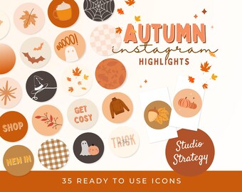 May include: A set of 35 autumn-themed Instagram highlight icons. The icons feature various fall elements, including pumpkins, leaves, a ghost, a witch's hat, a spiderweb, and a cozy sweater. The text "AUTUMN instagram HIGHLIGHTS" is displayed at the top of the image.