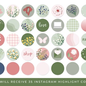 Op de afbeelding: Set van 35 Instagram-highlightcovers met een verscheidenheid aan bloemmotieven, geometrische patronen en tekstontwerpen in groen, roze en wit.