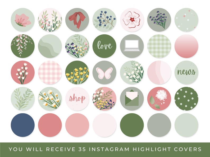 Op de afbeelding: Set van 35 Instagram-highlightcovers met een verscheidenheid aan bloemmotieven, geometrische patronen en tekstontwerpen in groen, roze en wit.