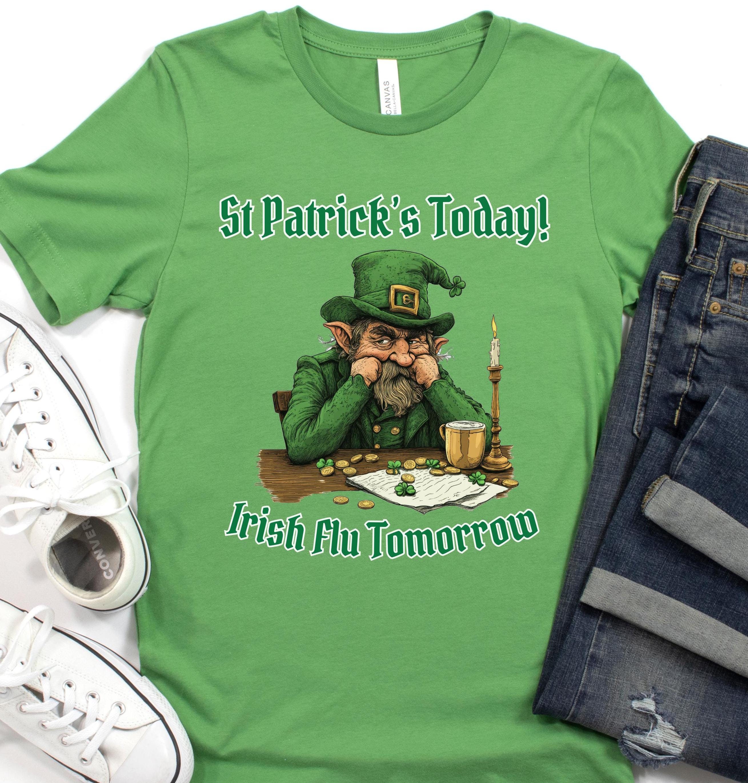 Irish St Patrick's Day Unisex Tee, Ireland Leprechaun Shirt, Green Clover Gift, Irish Flu Tomorrow, St Patty's Tee