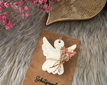 Schutzengel personalisierbar zu Geburt/Taufe I Schutzengel aus Keraflott I Schutzengel weiß I Schutzengel mit Trockenblumen